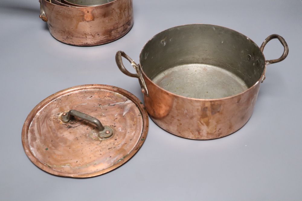 Three copper saucepans and three other copper cooking utensils